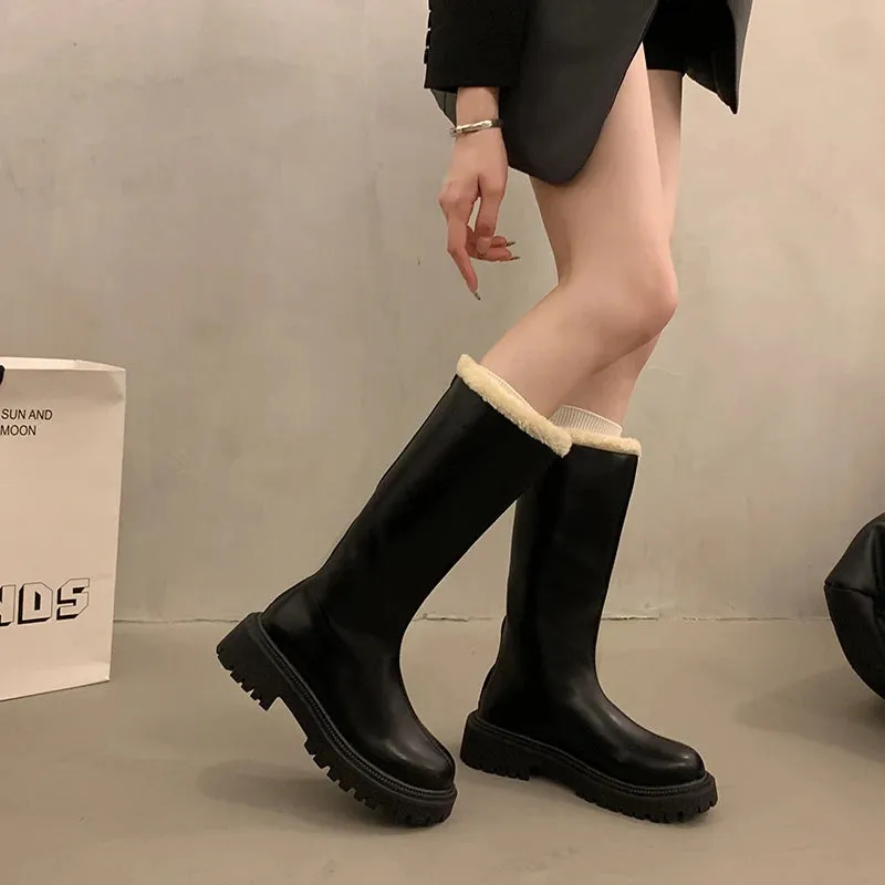 Sohiwoo Winter Knee High Brown Long Boots Comfort Square Heel Zip   Platform Boots for Women  Plush Edge Warm Gothic Shoes