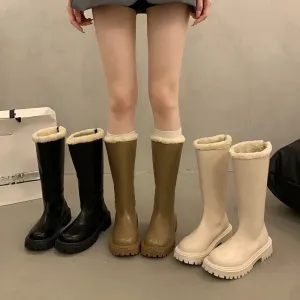 Sohiwoo Winter Knee High Brown Long Boots Comfort Square Heel Zip   Platform Boots for Women  Plush Edge Warm Gothic Shoes
