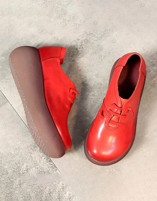 Spring Summer Round Head Ladies Leather Platform Shoes