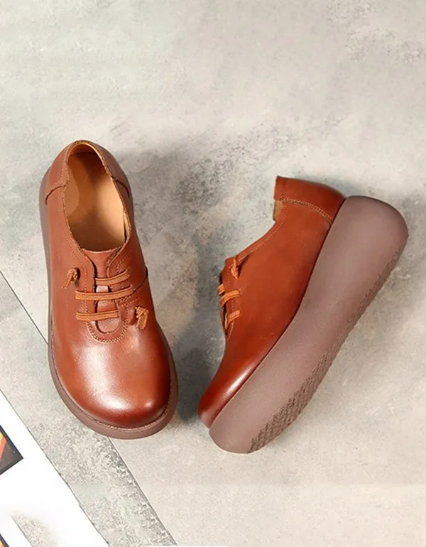 Spring Summer Round Head Ladies Leather Platform Shoes