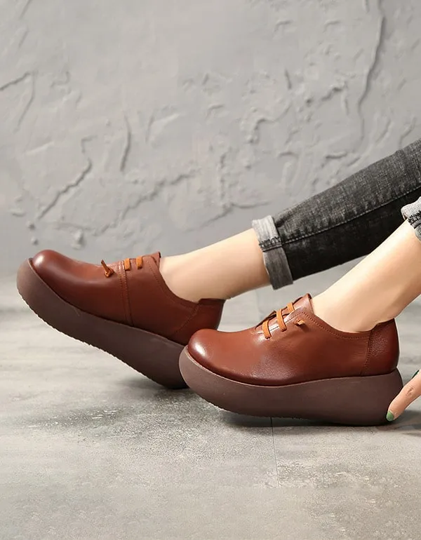 Spring Summer Round Head Ladies Leather Platform Shoes