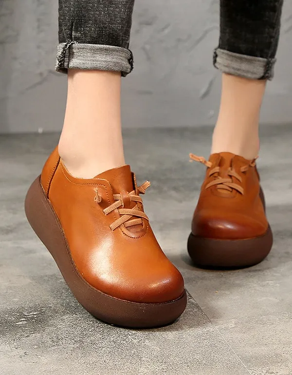 Spring Summer Round Head Ladies Leather Platform Shoes
