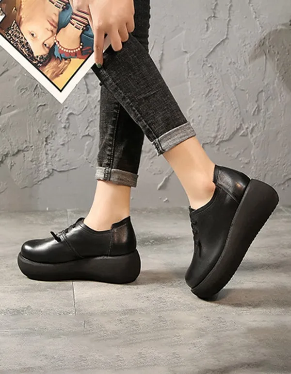 Spring Summer Round Head Ladies Leather Platform Shoes