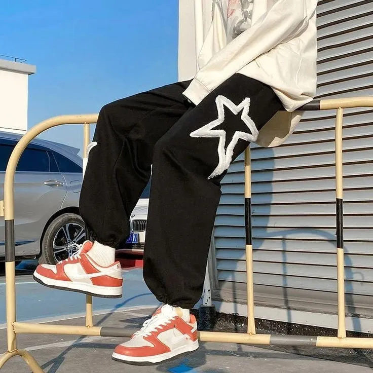 Stylish Furr Rope Star Patch Casual Pant Hip Hop Korean Fashion Streetwear Joggers Sweatpants For Mens