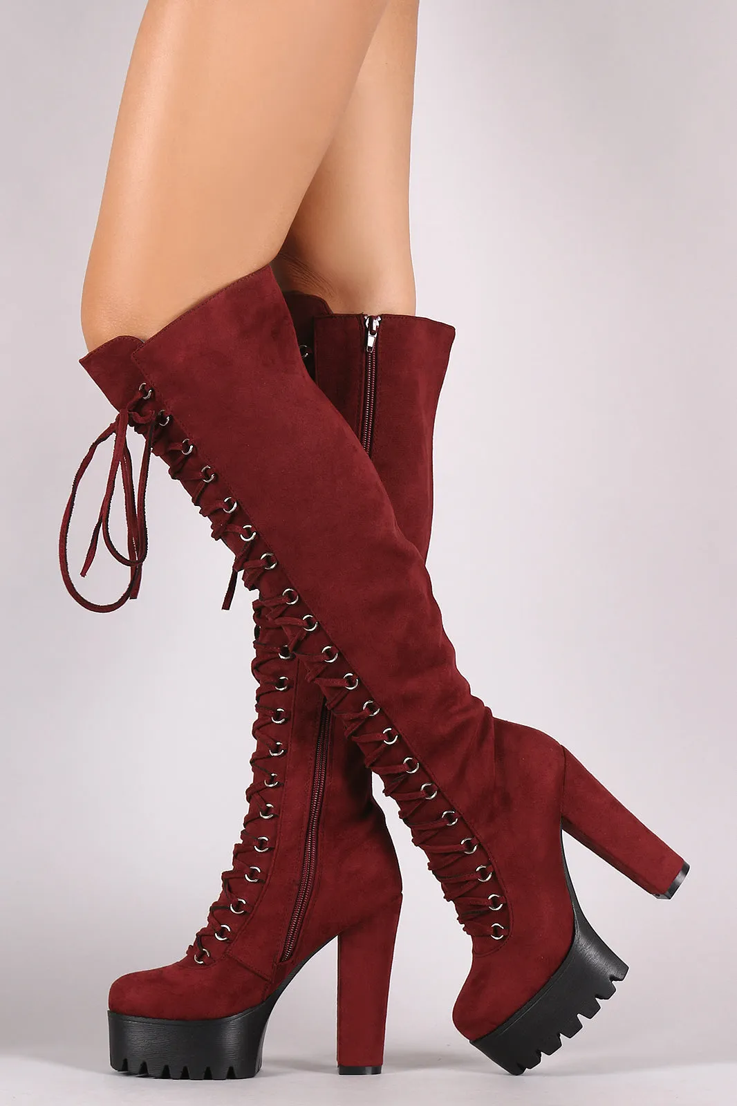 Suede Corset Lace-Up Lug Sole Platform Heeled OTK Boots