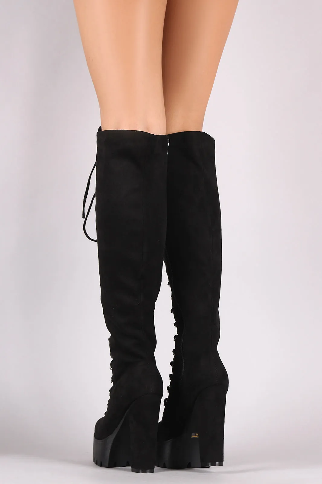 Suede Corset Lace-Up Lug Sole Platform Heeled OTK Boots