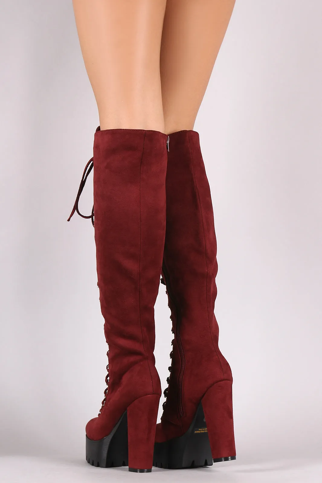 Suede Corset Lace-Up Lug Sole Platform Heeled OTK Boots