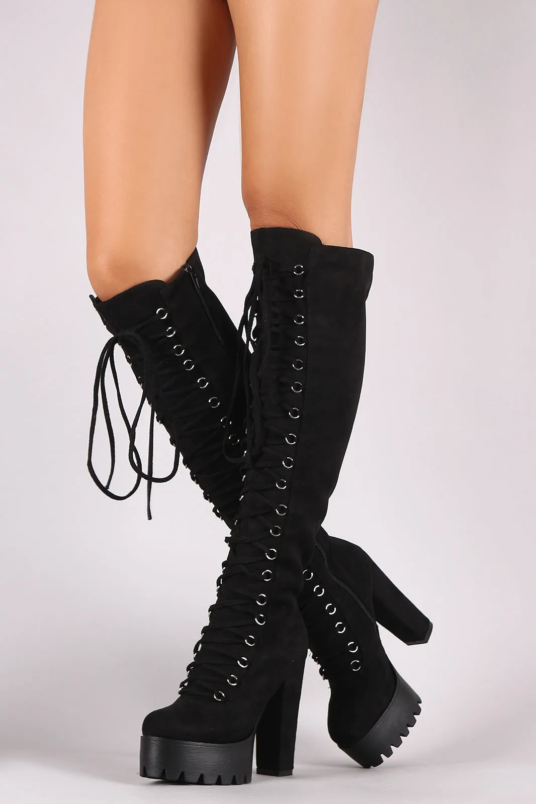 Suede Corset Lace-Up Lug Sole Platform Heeled OTK Boots