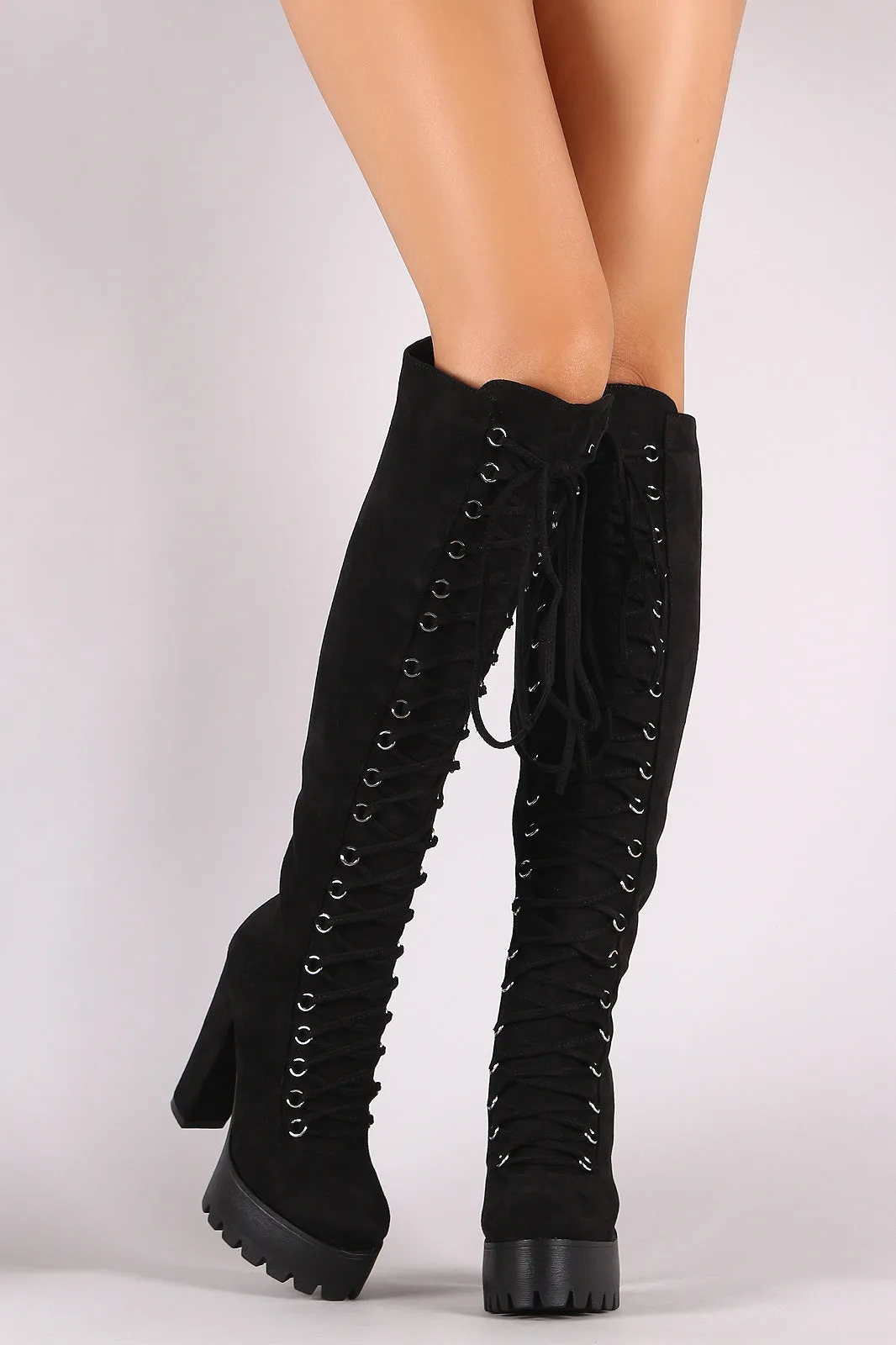 Suede Corset Lace-Up Lug Sole Platform Heeled OTK Boots