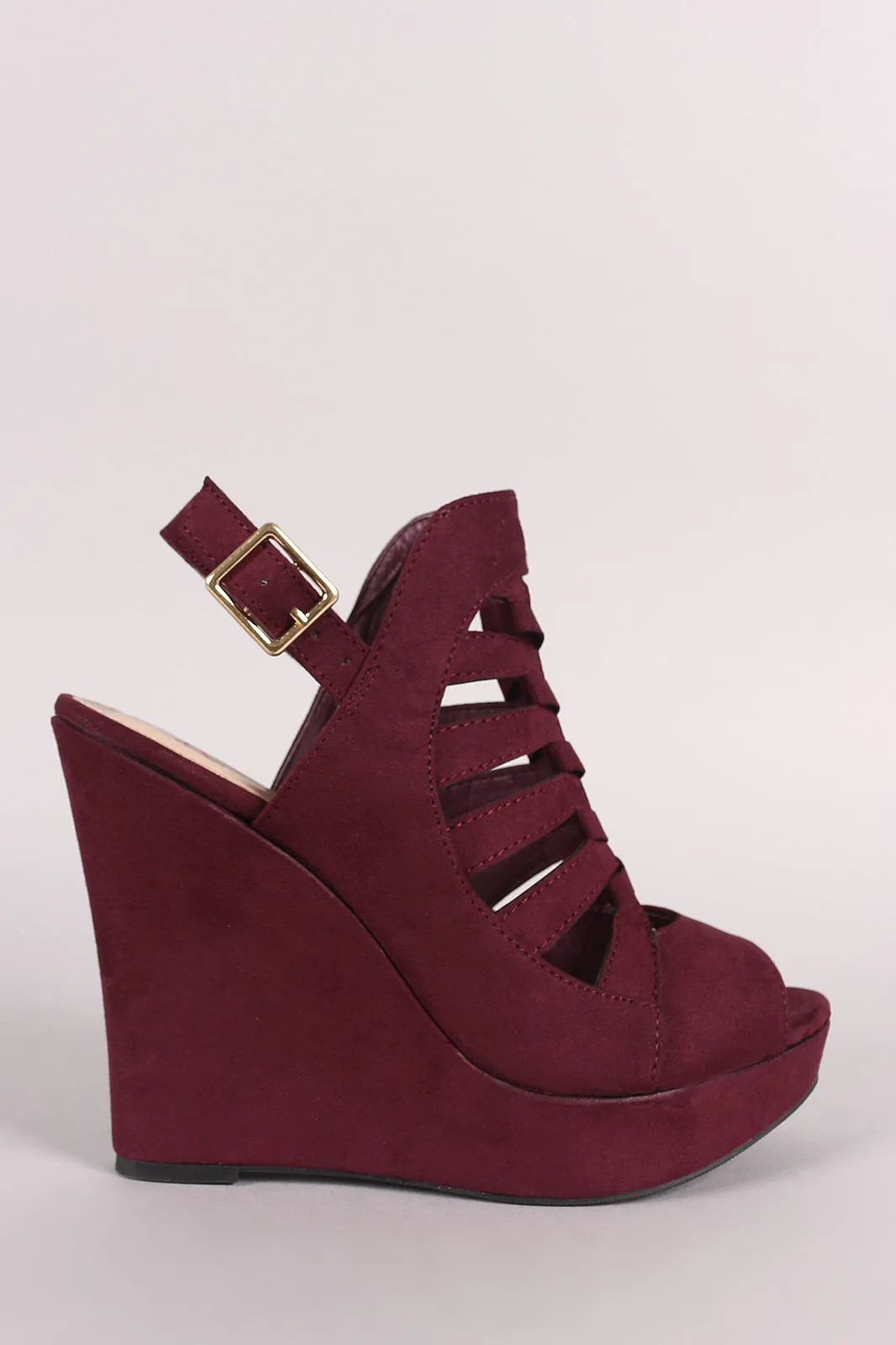Suede Peep Toe Caged Slingback Platform Wedge