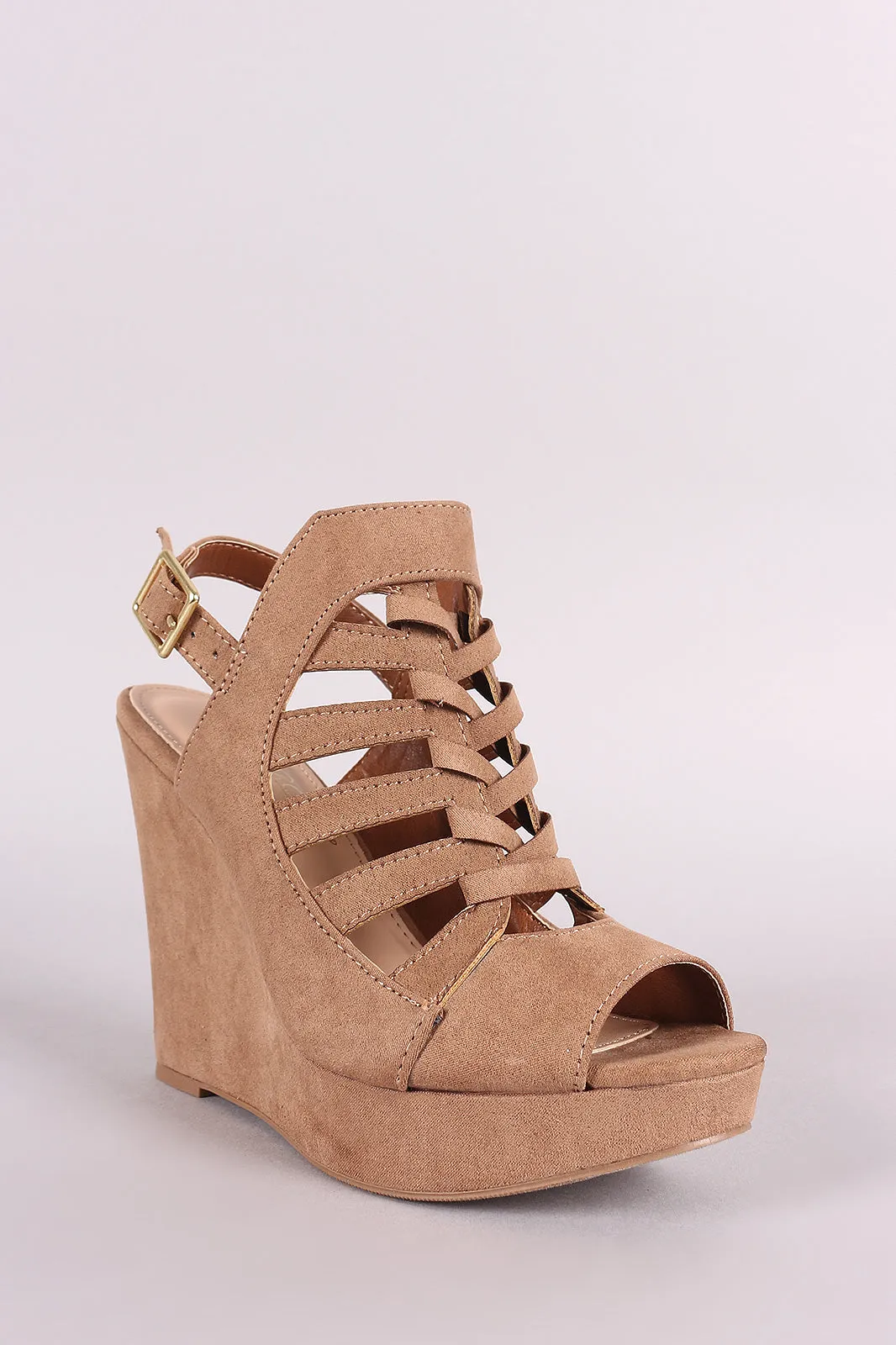 Suede Peep Toe Caged Slingback Platform Wedge
