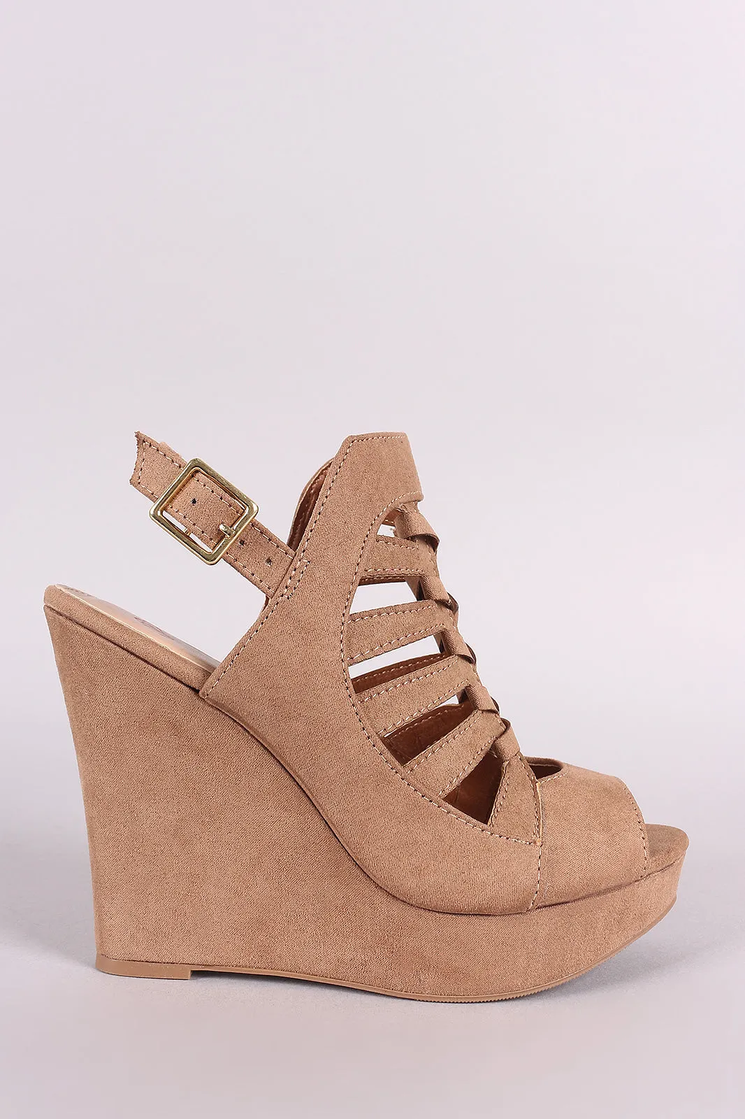 Suede Peep Toe Caged Slingback Platform Wedge