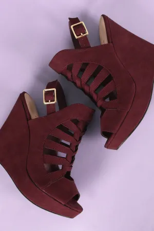 Suede Peep Toe Caged Slingback Platform Wedge