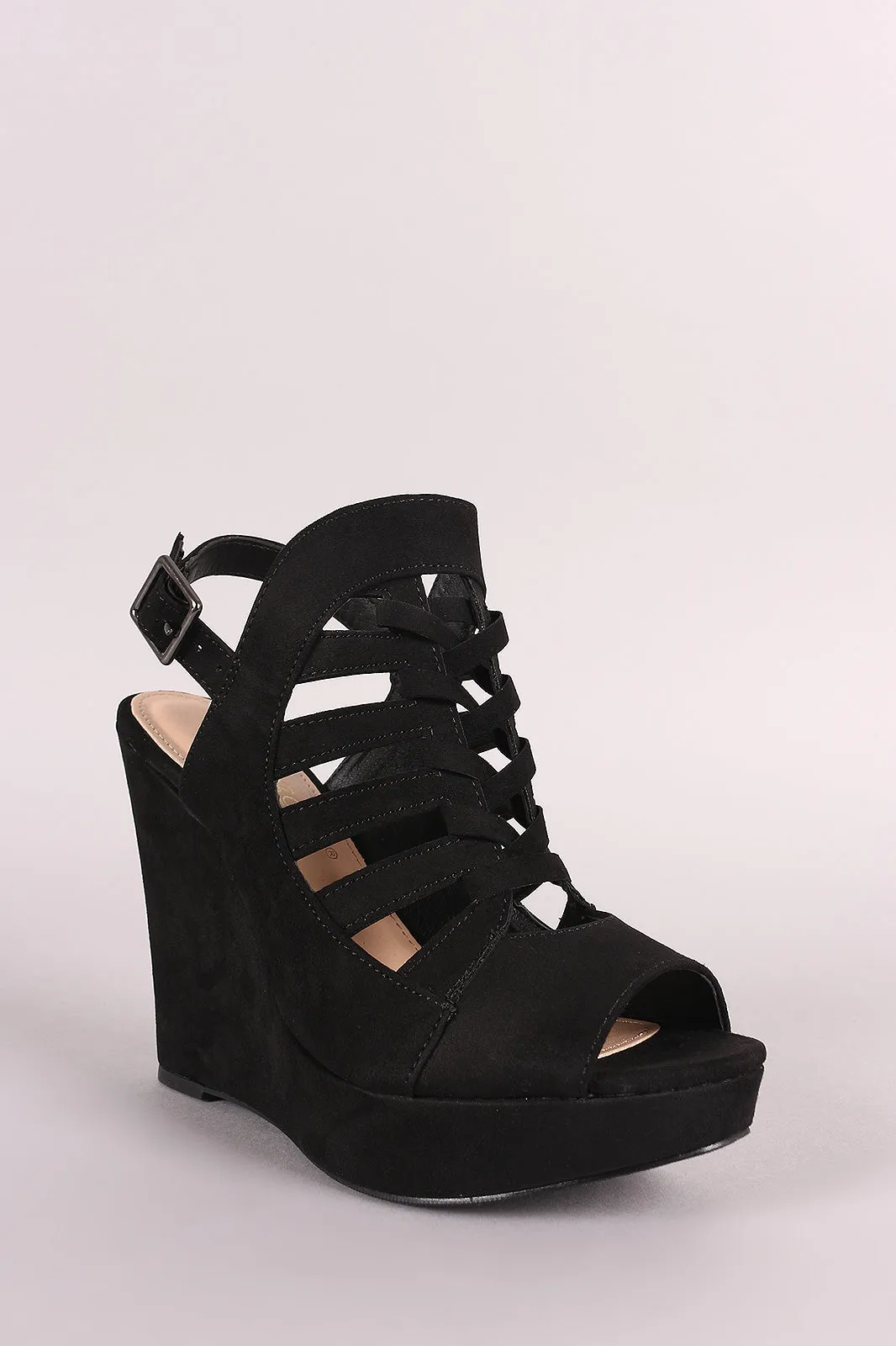 Suede Peep Toe Caged Slingback Platform Wedge