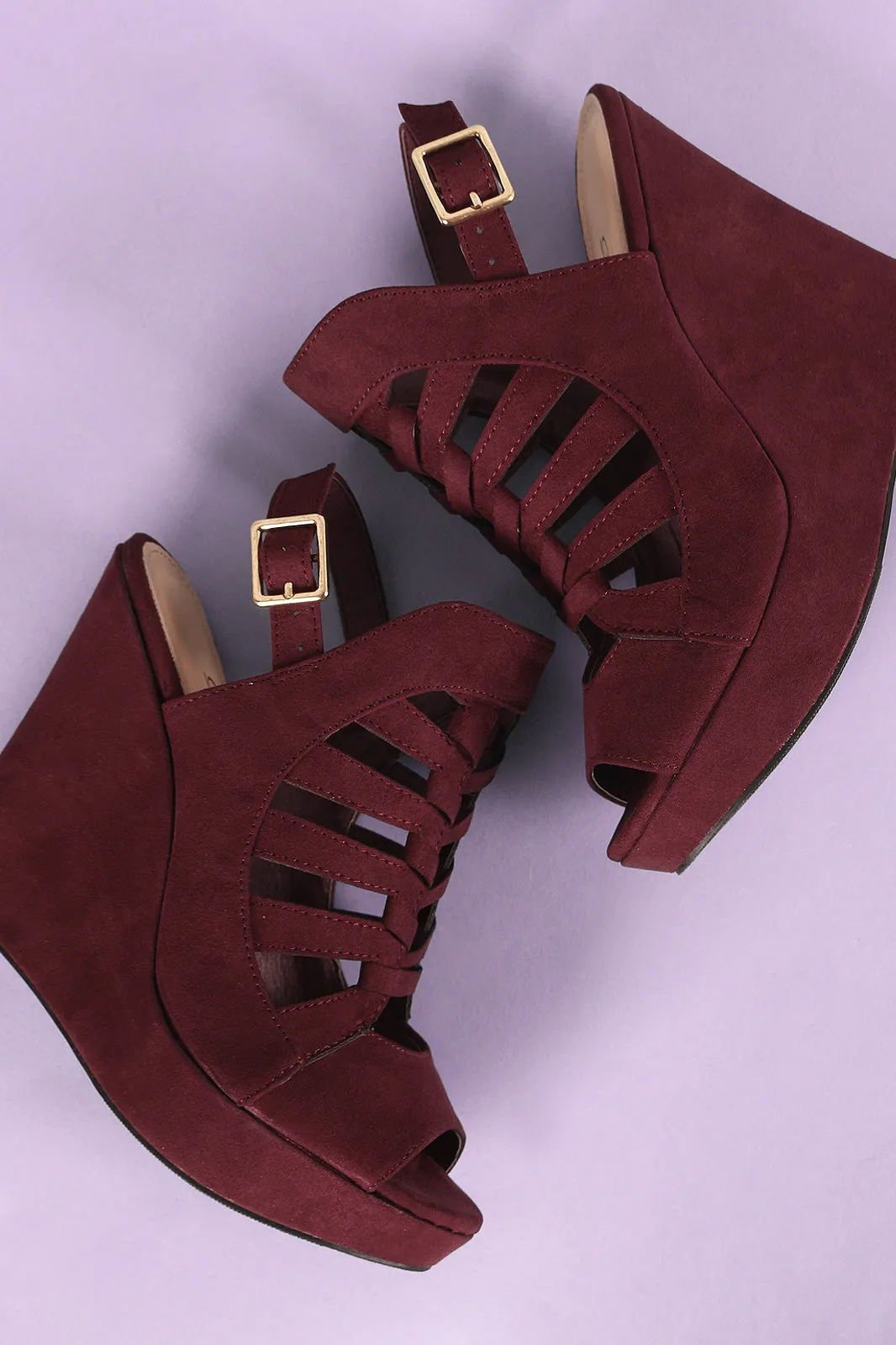Suede Peep Toe Caged Slingback Platform Wedge