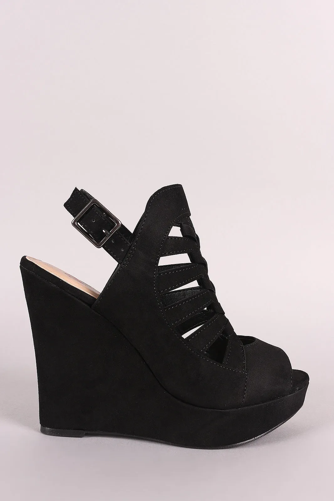 Suede Peep Toe Caged Slingback Platform Wedge