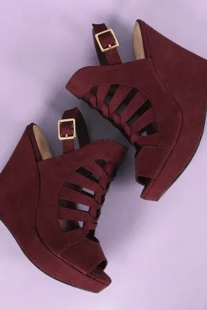 Suede Peep Toe Caged Slingback Platform Wedge