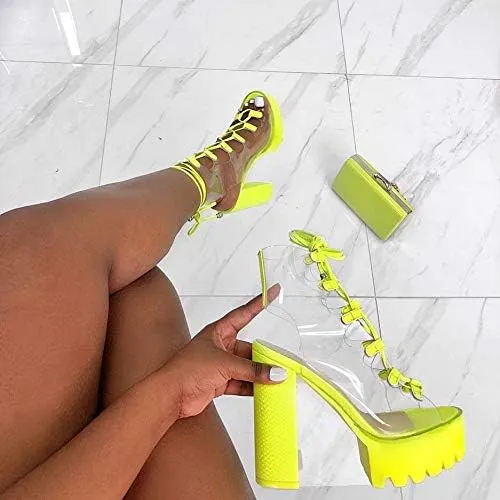 Transparent Neon Yellow Clear Chunky Heel Platform Boots