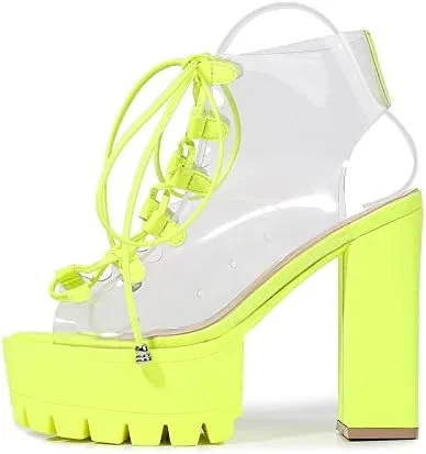 Transparent Neon Yellow Clear Chunky Heel Platform Boots