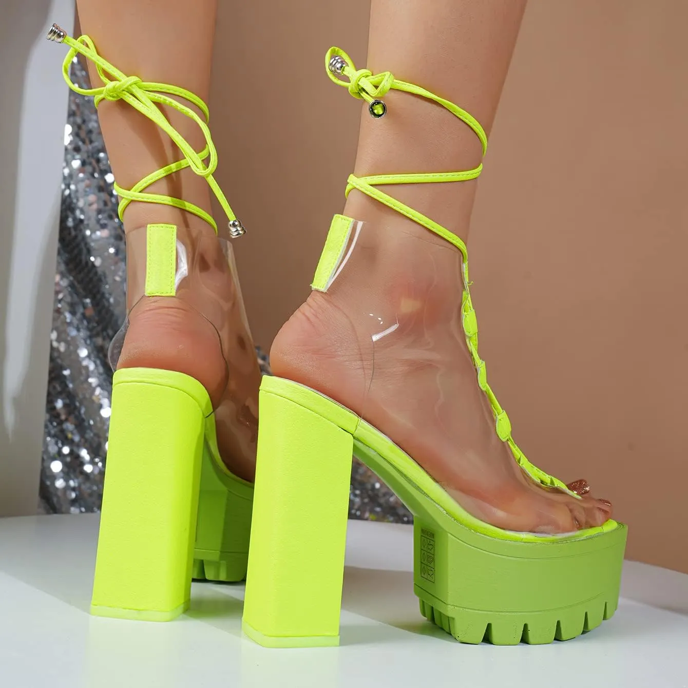 Transparent Neon Yellow Clear Chunky Heel Platform Boots