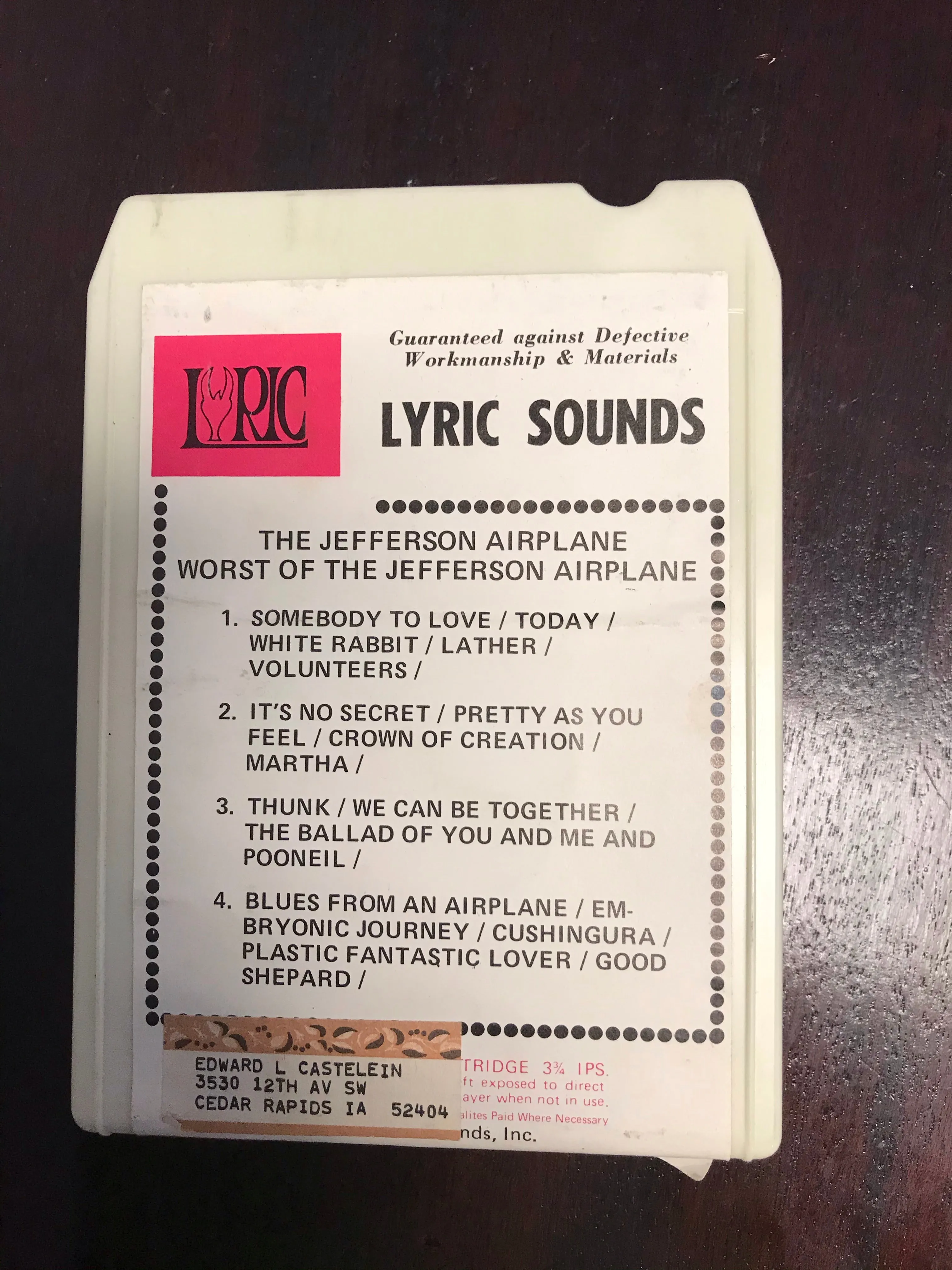 Vintage MUSIC Jefferson Airplane THE WORST OF JEFFERSON AIRPLANE Lyric Sound R-1034 8 Track Tape