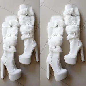 White Furry Platform Heel Boots
