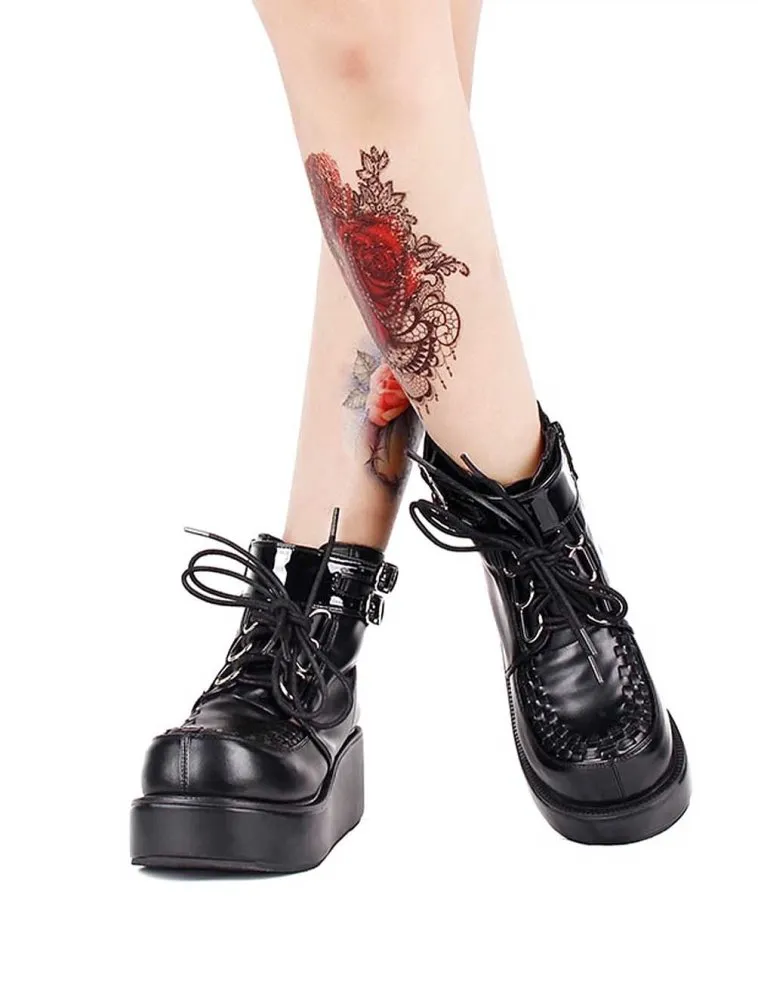 Womens Black Platform Creeper Wedge Boots