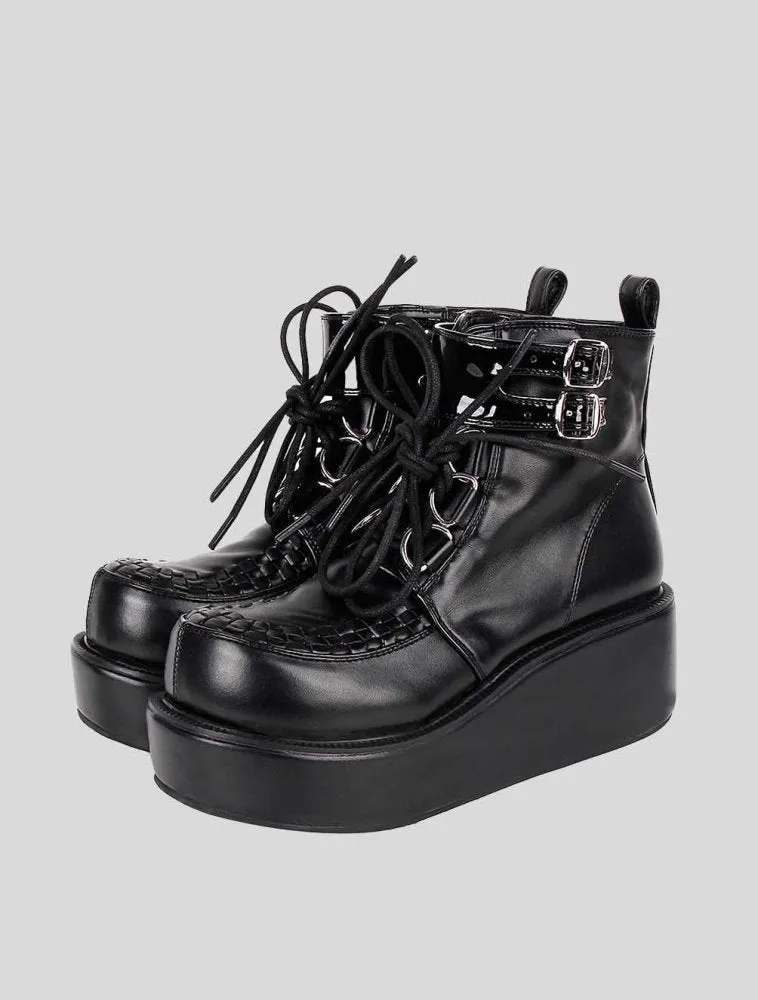 Womens Black Platform Creeper Wedge Boots
