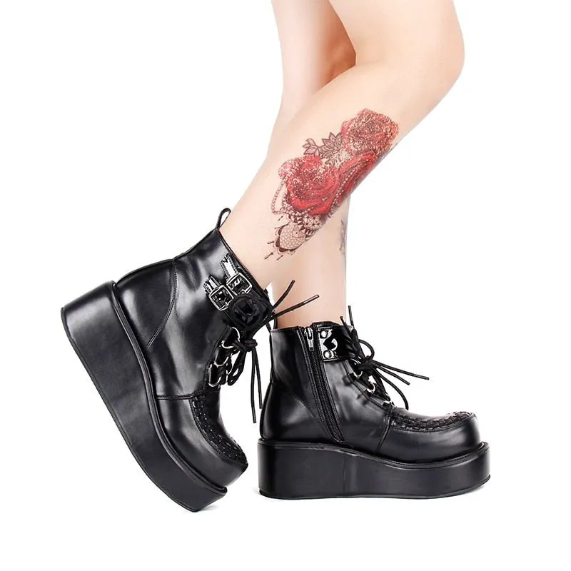 Womens Black Platform Creeper Wedge Boots