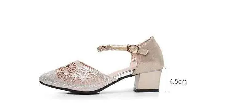 Women's Casual Shoes - Mid Heel Hollow Rhinestones Sandal - (D12-8)