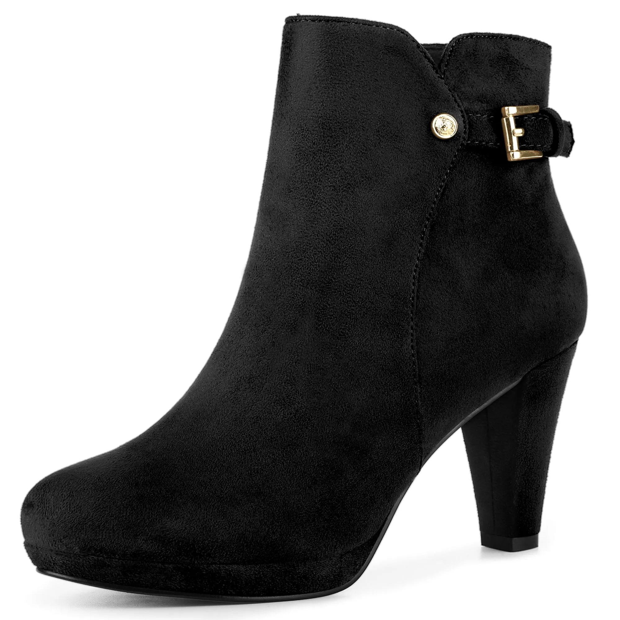 Women's Low Platform Side Zip Buckle Chunky High Heel Ankle Booties