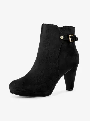 Women's Low Platform Side Zip Buckle Chunky High Heel Ankle Booties