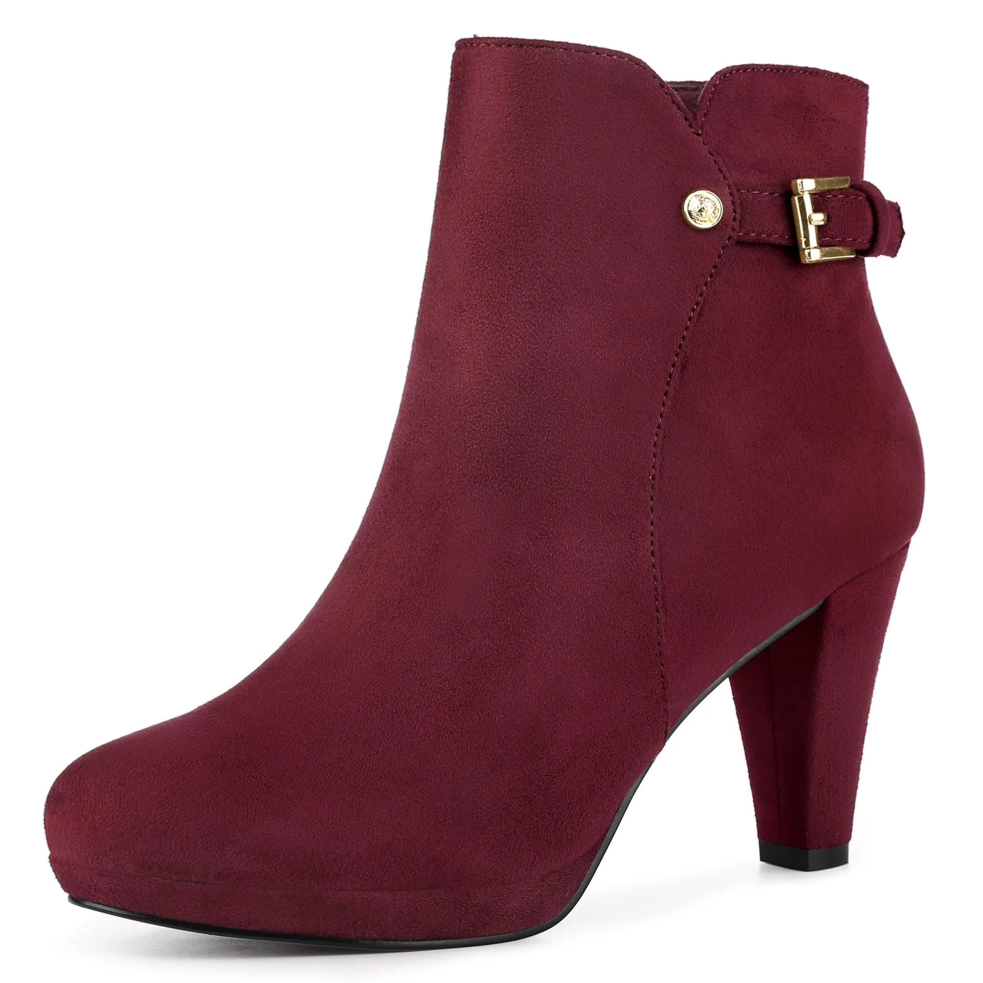 Women's Low Platform Side Zip Buckle Chunky High Heel Ankle Booties