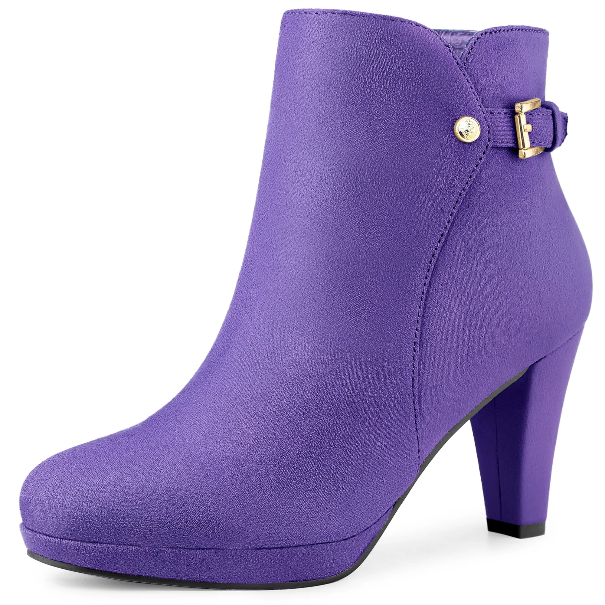 Women's Low Platform Side Zip Buckle Chunky High Heel Ankle Booties