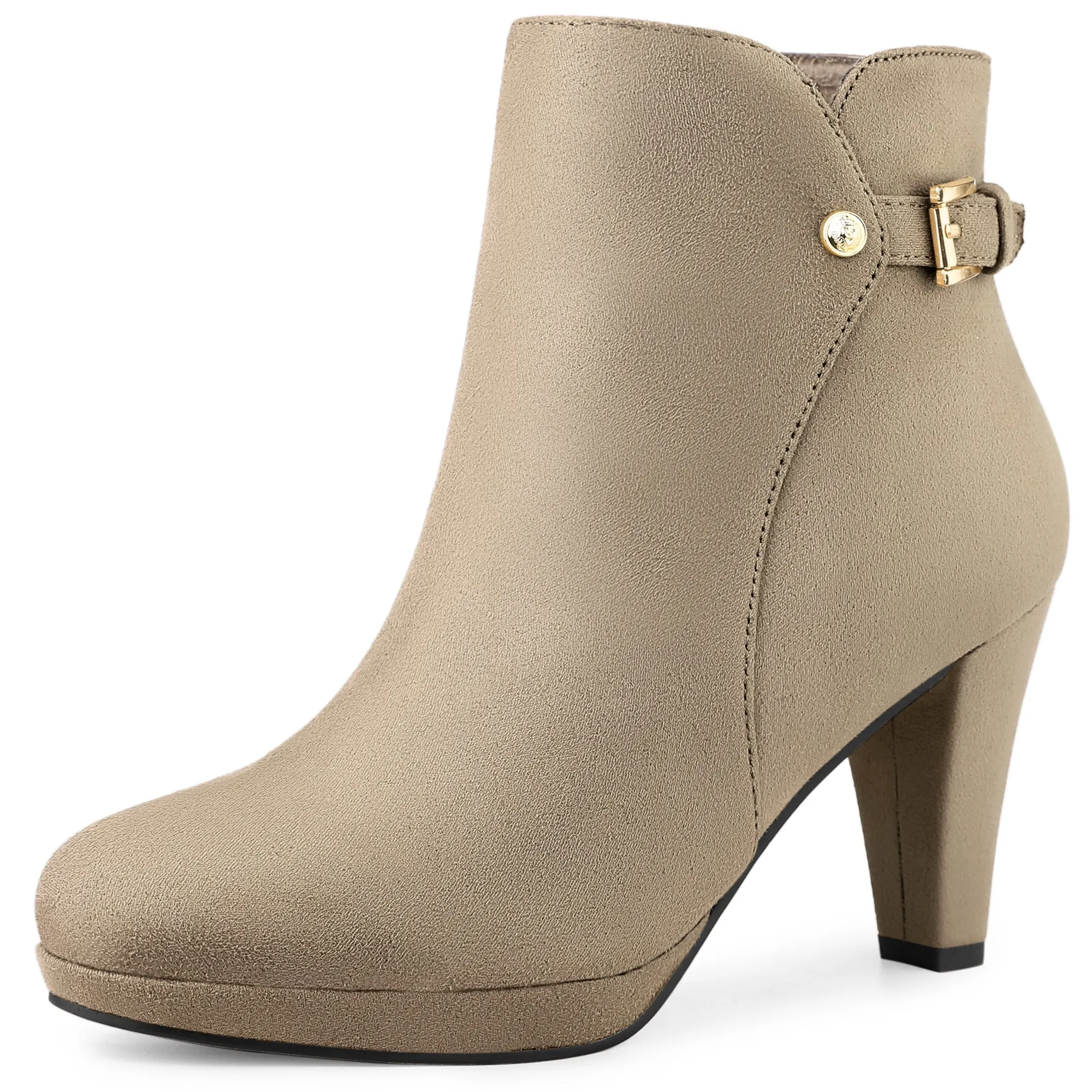 Women's Low Platform Side Zip Buckle Chunky High Heel Ankle Booties
