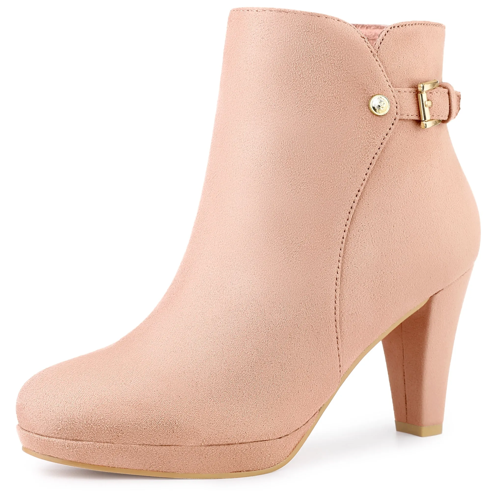 Women's Low Platform Side Zip Buckle Chunky High Heel Ankle Booties