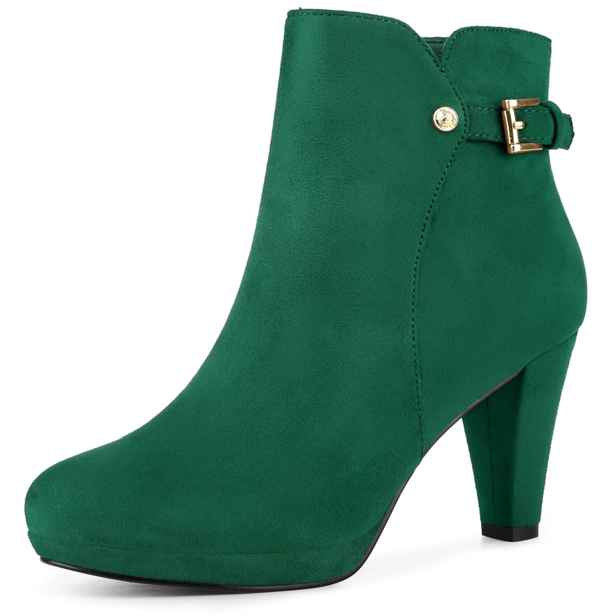 Women's Low Platform Side Zip Buckle Chunky High Heel Ankle Booties