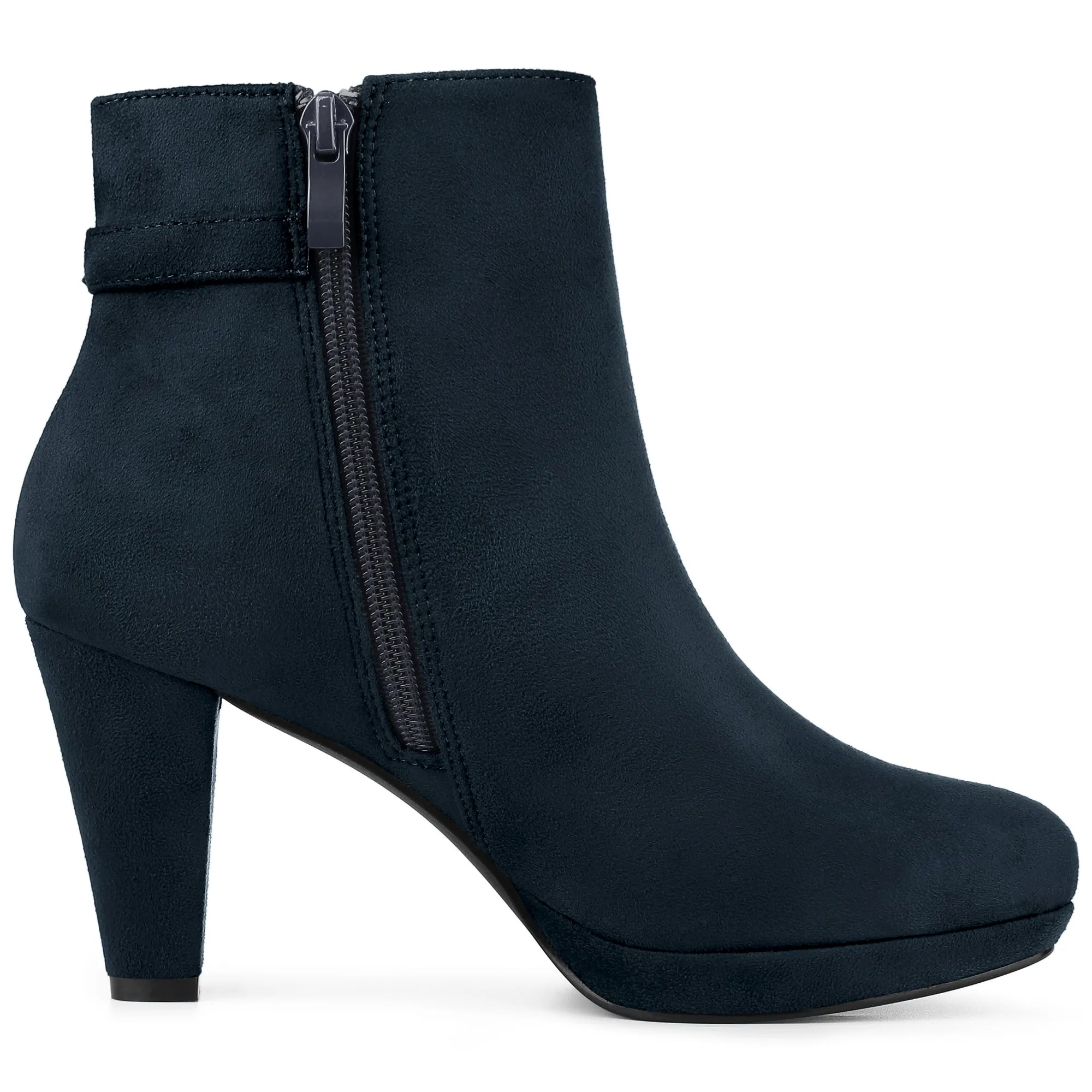 Women's Low Platform Side Zip Buckle Chunky High Heel Ankle Booties