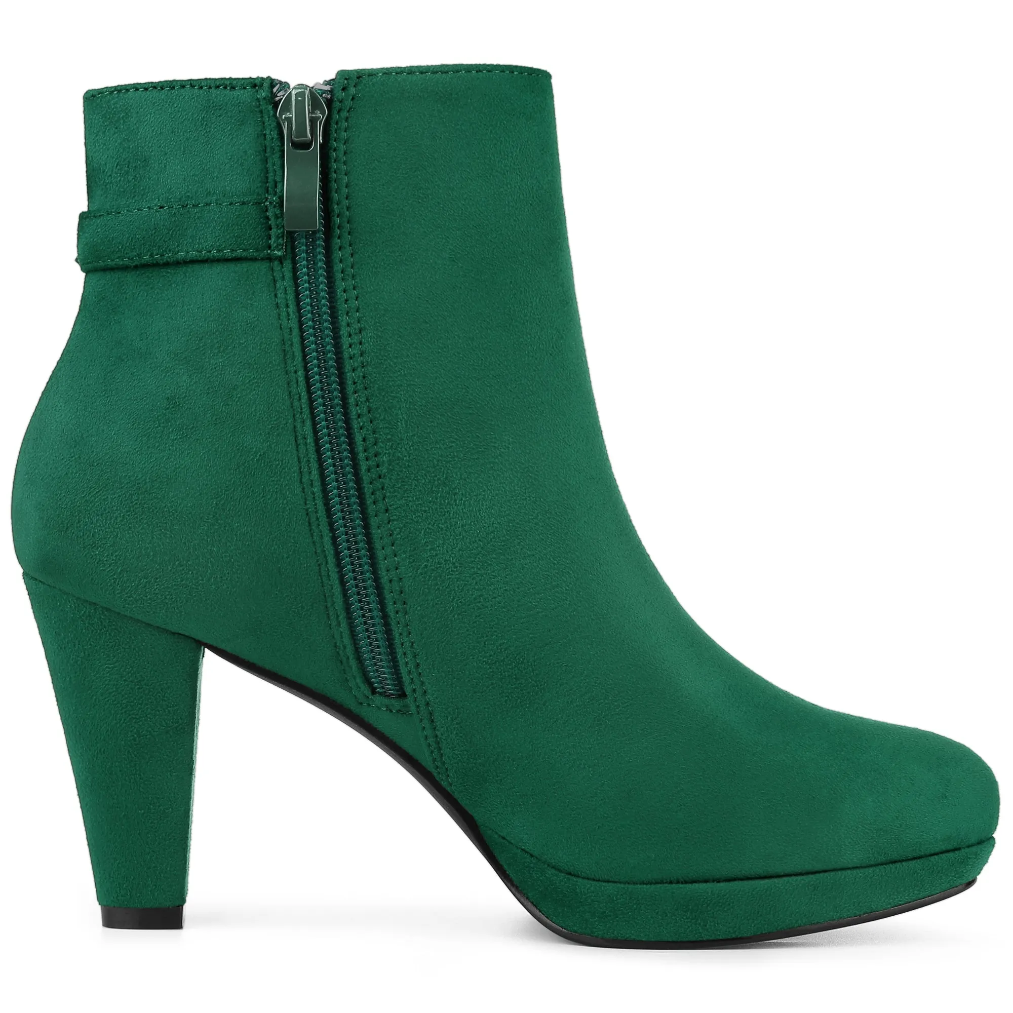 Women's Low Platform Side Zip Buckle Chunky High Heel Ankle Booties