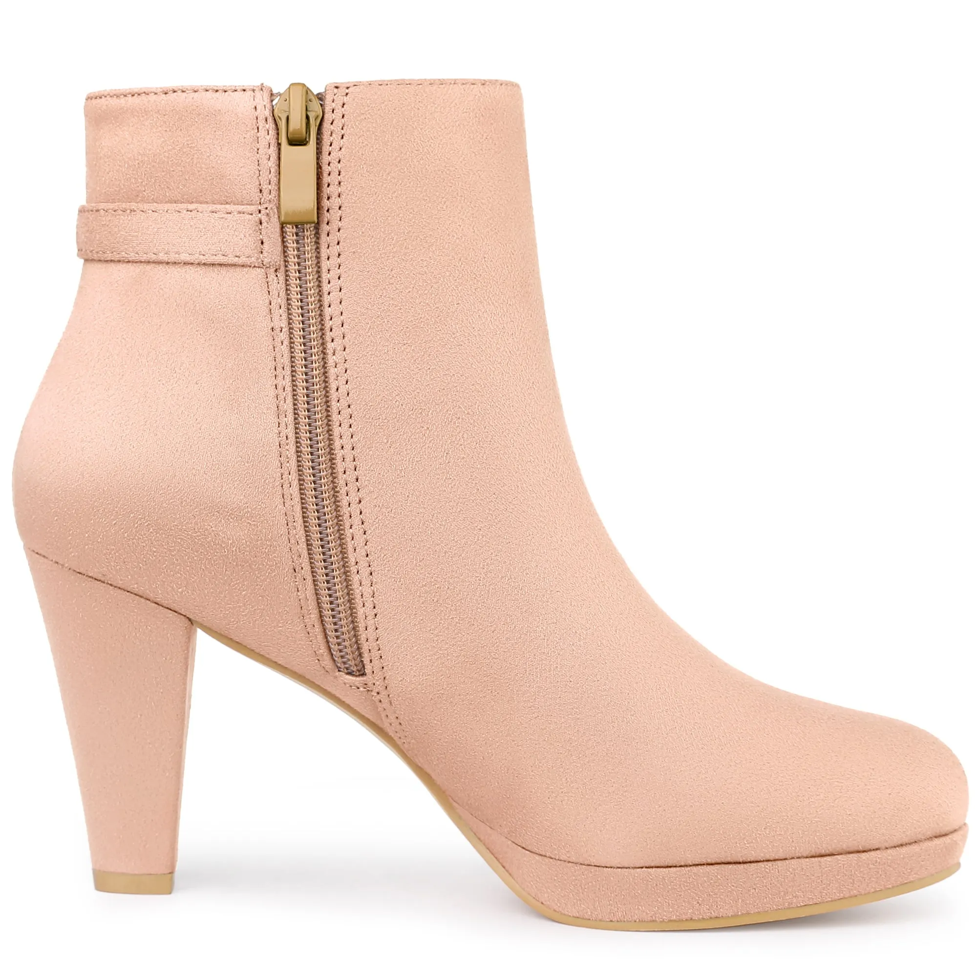 Women's Low Platform Side Zip Buckle Chunky High Heel Ankle Booties
