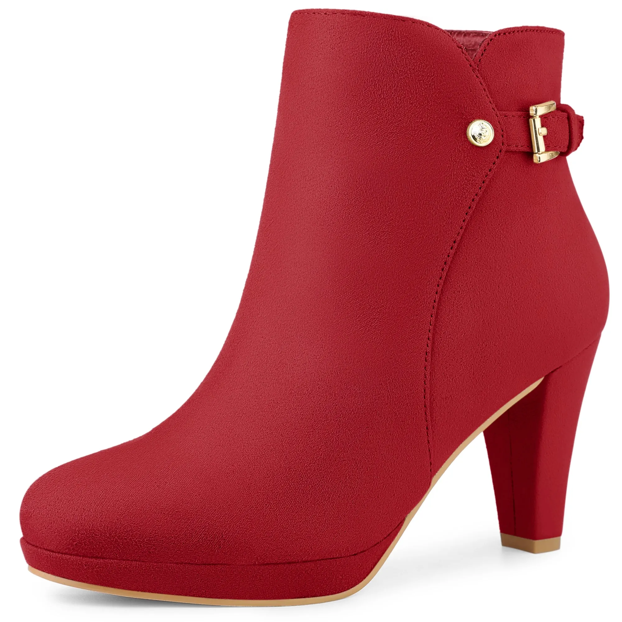 Women's Low Platform Side Zip Buckle Chunky High Heel Ankle Booties