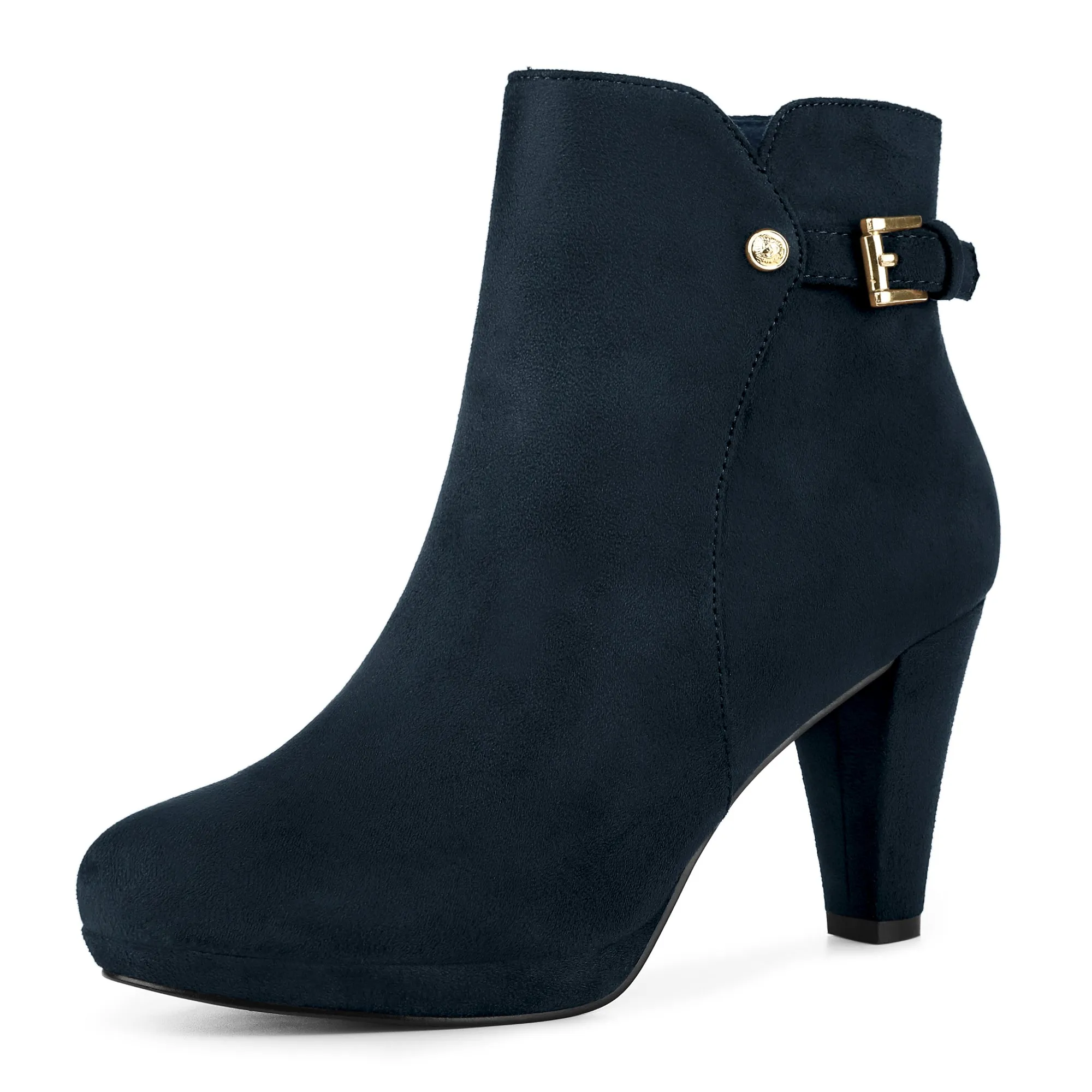 Women's Low Platform Side Zip Buckle Chunky High Heel Ankle Booties