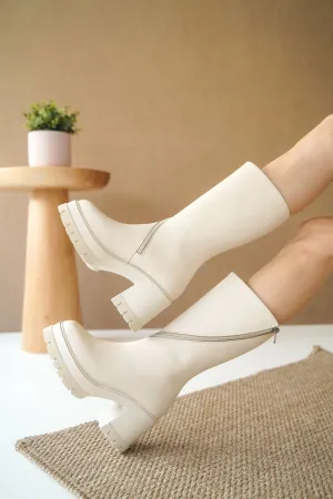 Women's Platform Heeled Boots - Nude leather