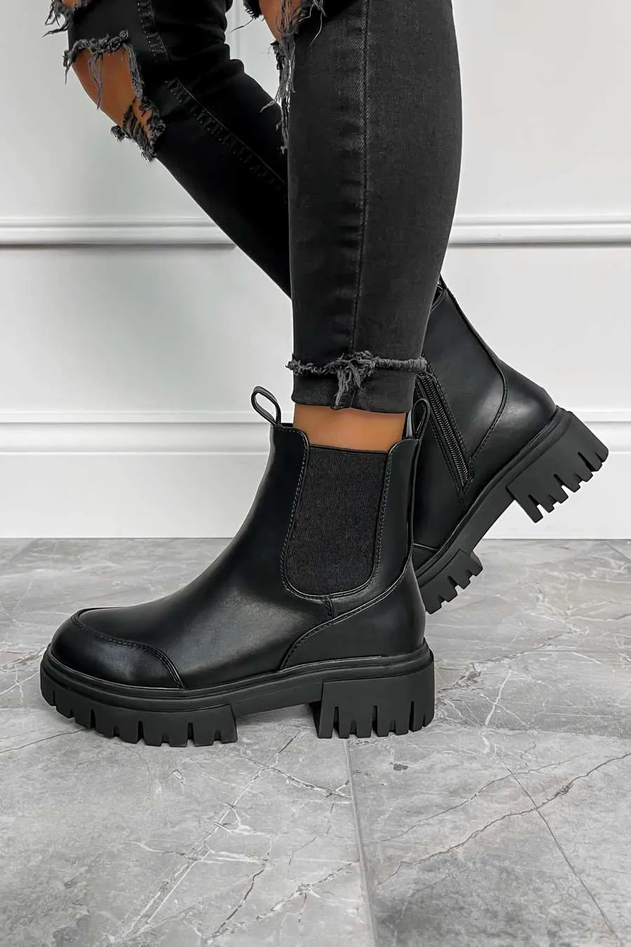 WYNTER Chunky Sole Ankle Boots - Black PU