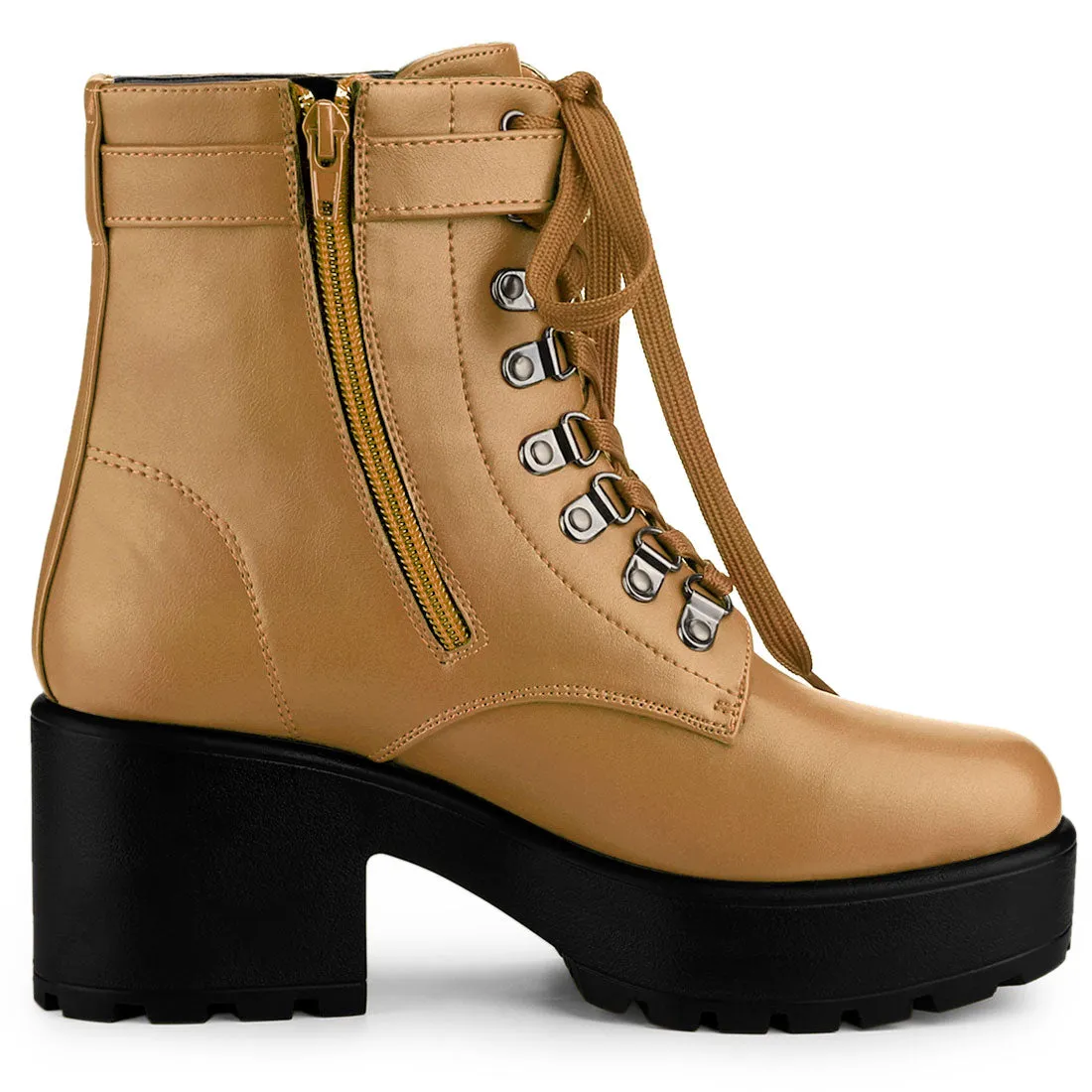 Zip Up Chunky Heel Platform Ankle Combat Boots