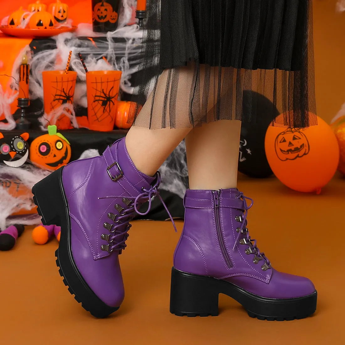 Zip Up Chunky Heel Platform Ankle Combat Boots